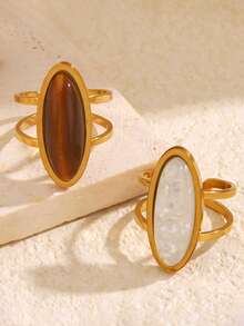 1pc/2pcs Stainless Steel Elegant Vintage Style Amber Oval Ring Set Suitable For Women's Daily, Holiday, Date And Travel Wear - Multicolor - View 5