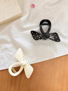 2pcs/1pc Women 9cm/3.54 Inch Premium Solid Color Polka Dot Bow Hair Claw Clip, Fashionable Elegant Clip Polka Dot Versatile Hair Clip Head Accessory U-Shaped Spring Clip, Fashionable Versatile, Elegant Minimalist, Suitable For Daily, Casual, Party, Beach, Vacation, Hairstyle Design, Face Washing/Hair Washing, Makeup, Clothing Accessory, Spring Hair Claw, Summer Hair Claw, Autumn Hair Claw, Winter Hair Claw - Multicolor - View 2