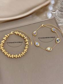Conjunto de pulsera de cadena con cuentas de calabaza y gota de agua de concha de abalón minimalista, cadena de acero inoxidable apilable para mujer, regalo de joyería para cumpleaños, uso diario y fiestas - Multicolor - Ver 7