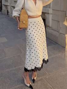 Women's Polka Dot Pattern Contrast Lace Elegant Knitted Midi Skirt - White - View 5