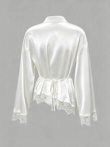 Women's Spring/Autumn Glossy Satin Lace Trim Turn-Down Collar Button-Up Flared Sleeve Asymmetrical Hem Cinched Waist Long Sleeve Blouse - White - View 11