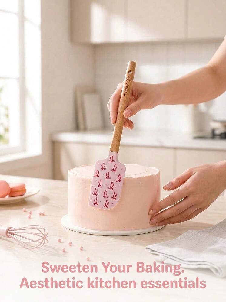 Meoky Heat-Resistant Silicone Spatula With Wooden Handle, Double-Sided Pink Bow Print, Suitable For Cake Decorating, Mixing, Baking And Frosting, Ideal Gift For Baking Enthusiasts And Dessert Lovers, Perfect For Baking And Daily Cooking - View 8