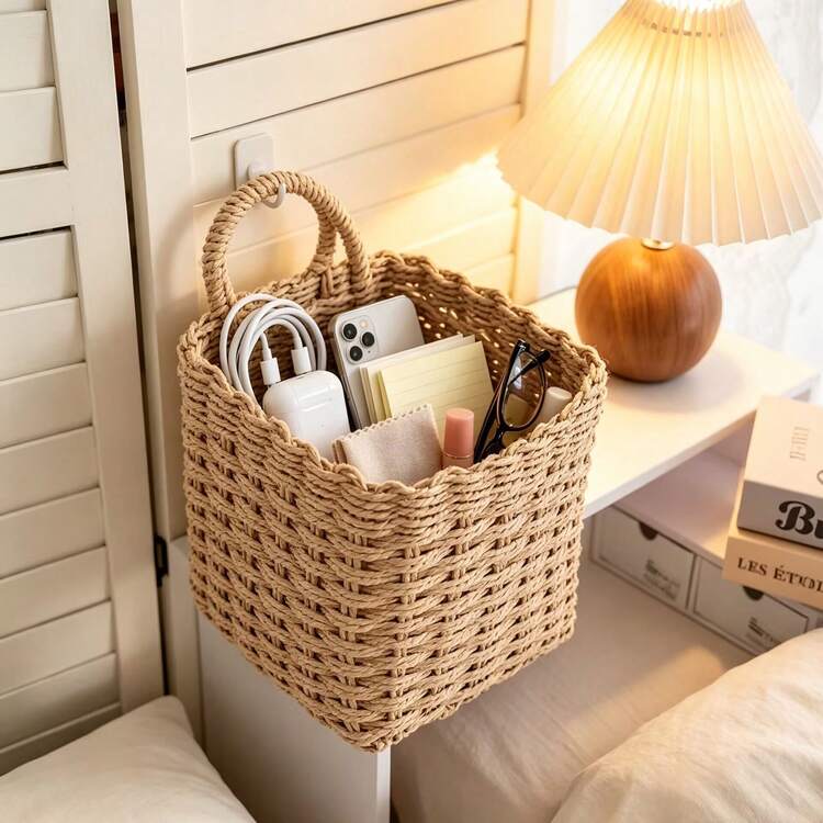 3/1pc Handmade Woven Hanging Storage Basket, Wall-Mounted Storage Basket, Floral Decorative Basket, Suitable For Kitchen, Home Decor, Wedding, Patio, Modern Bohemian Style Rope Woven Hanging Basket, Multi-Functional Wall-Mounted Storage Bucket - Khaki - View 4