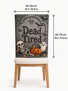 1pc/4pcs/6pcs Gray Halloween Chair Back Cover, Cute Gothic Polyester Dining Chair Slipcover With Dead Tired Tombstone Skeleton Ghost Pumpkin Candy Bat Spider Web Printed Protector For Kitchen, Dining Room, Party, Haunted House And Autumn Home Decor - B - View 10