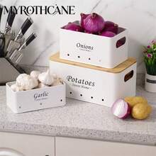 Myrothcane 3pcs Bamboo Lid Potato Onion Garlic Storage Bins, Ventilated Metal Vegetable Storage Containers, Stackable Farmhouse Style Kitchen Countertop Produce Organizer, Suitable For Pantry Storage - White - View 10