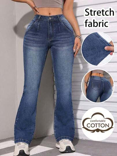 Elegant Vintage Washed Cat Whisker Distressed Flare Leg Jeans, Y2K Spring Summer Autumn Winter All-Season Casual Fashion Solid Color Deconstructed Patchwork Design Stretch Denim Pants, Suitable For Teen Girl