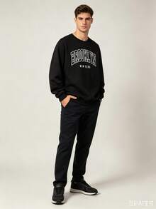 Manfinity Dauomo Men's Letter Pattern Warm Lined Sweatshirt,Autumn And Winter - 黑色 - 查看 1