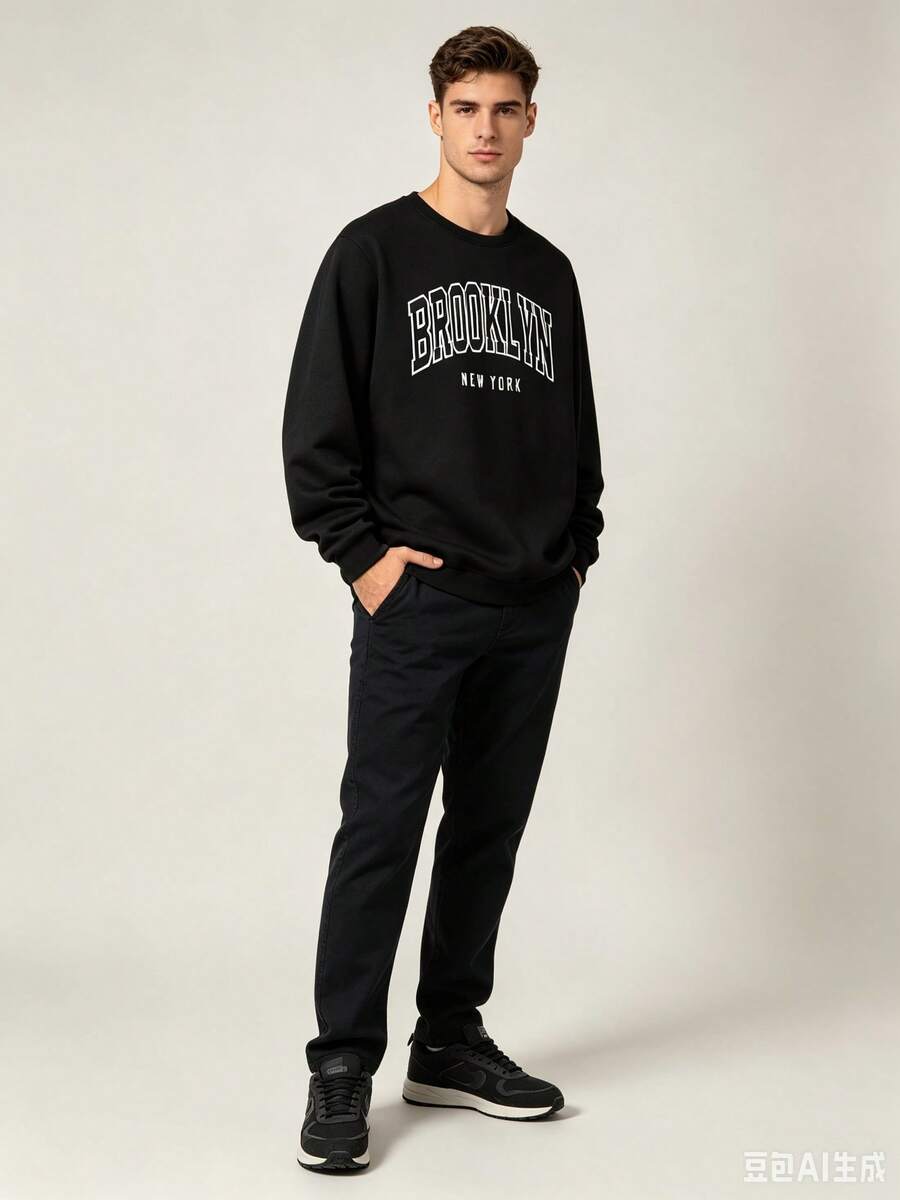 Manfinity Dauomo Men's Letter Pattern Warm Lined Sweatshirt,Autumn And Winter - 黑色 - 查看 1