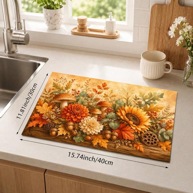 1pc Autumn Floral Harvest Pattern Diatomaceous Earth Kitchen Dish Drying Mat, Fast-Absorbing Quick-Dry Non-Slip Dish Drying Mat & Coffee Machine Mat, Suitable For Kitchen Countertop, Dining Table And Thanksgiving Home Decor - Multicolor - View 12