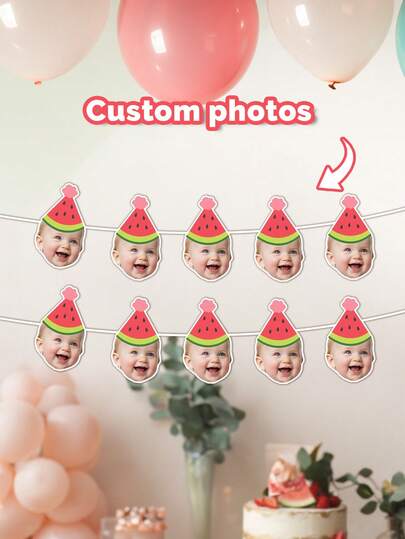 Custom Kid Face Watermelon Party Hat Banner,One In A Melon Garland,First Birthday Gift,Summer Pool Party Decor For Him Her,Fruit Themed Baby Shower