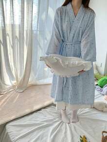 Women's Bathrobe, Comfortable Bathing Robe For Teenagers, Suitable For Reading At Home, Fresh Korean Style Bow Print Bathrobe, Spring/Autumn New Comfortable Loungewear Nightgown - Mint Blue - View 2