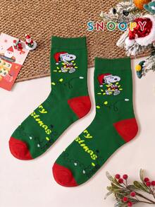 1/2 Pairs Snoopy Socks Men's Autumn/Winter Red & Green Christmas Mid-Calf Sports Socks, Cute Cartoon Pattern Unique Snoopy Halloween Socks - Multicolor - View 14
