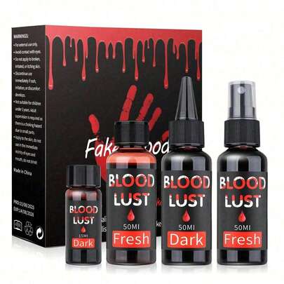 Halloween Fake Blood Spray Set – Four-Piece Set Of Fake Blood + Needle Mouth Fake Blood – Realistic Washable Fake Blood Makeup For Zombie Vampire Clown Monster Cosplay