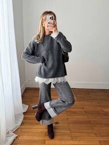 Sweater Kasual Wanita Kerah Renda dengan Warna Polos dan Benang Bercorak untuk Musim Gugur - Grey - View 3