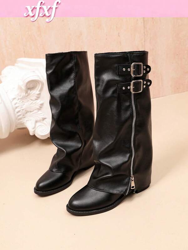 XfxfA Pair Of Women's Double Buckle/Stacked Side Zipper/Fashionable Thick Heel Mid Leg Boots, Suitable For Casual Daily/Travel/Shopping/Party Wear.