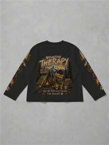 Men's Plus Size Long Sleeve T-Shirt, Forest Cat Head Print, Outdoor Casual Crew Neck Top, Regular Street Style Autumn Wear, Machine Washable, Autumn/Winter Essential, Comfortable Everyday Apparel - Multicolor - View 4