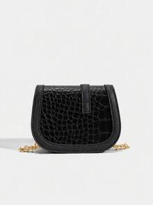 1pc Women's Minimalist Crocodile Embossed Chain Saddle Bag, Commuter Textured Versatile Crossbody Bag - M2255 - View 11
