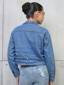 Chaqueta Corta Negra con Tachuelas y Cuello de Piel Desmontable para Mujer, Chaqueta Ajustada Estilo Y2K Urbano - Neblina azul - Ver 6
