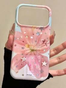 美感可愛花卉亮面雷射手機殼，適用於 iPhone 17ProMax 17Pro 17 16ProMax 16Pro 16 15 14 13 Pro Max，時尚星星軟背殼禮物 - 藍粉紅百合 - 查看 2