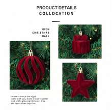 28Pcs Wine Christmas Ornaments Set Flocked Xmas Tree Decorations Assorted Shapes Shatterproof Hanging Ball Plush Star Candy Cane Gift Box Baubles Holiday Party Decor - Burgundy - View 6