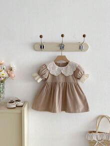 Miniweenns 1pc Baby Girl Academy Style Hollow Peter Pan Collar Puff Short Sleeve Loose Fit Dress - Khaki - View 3