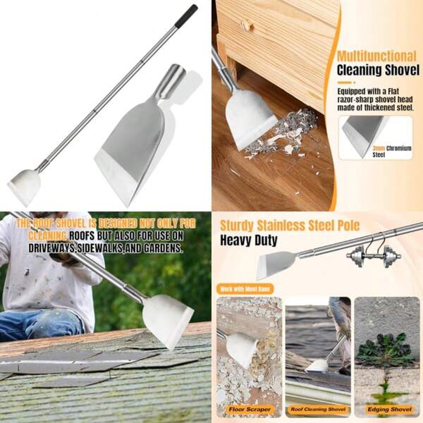 Floor Scraper Long Handle Stainless Steel, Multifunctional Cleaning Shovels With Flat Head, Moss Plaster Wall Putty Shingle Removal Tool, Ice Scraper, Snow Shovel For Driveway-Heavy Duty