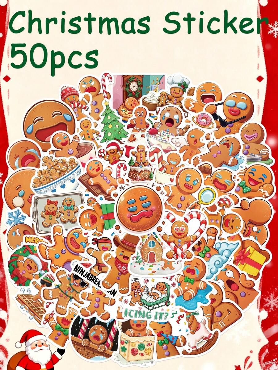 50Pcs Cute Cartoon Christmas Stickers Cute Cartoon Gingerbread Man ...