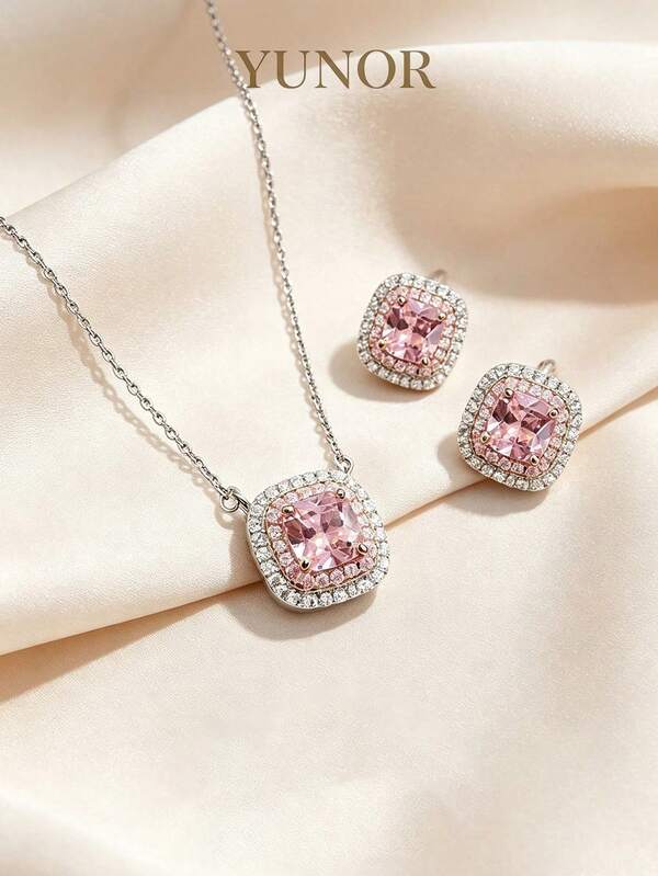 925 Sterling Silver Square Pink Zirconia High Carbon Diamond Pendant Necklace, Women's Shiny Exquisite Jewelry Necklace, Birthday Gift