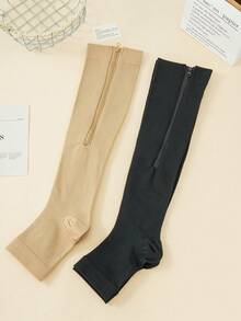 1 Pair/2 Pairs Zipper Open Toe Compression Socks, Unisex 5-20mmHg Graduated Compression, Slimming & Shaping, Easy On/Off, Knee-High Design, Suitable For Running, Sports, Fitness, Standing Work, Daily Wear - Multicolor - View 7