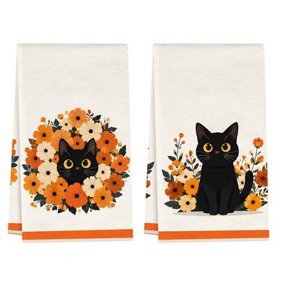 2pcs Kitchen Towels, Autumn Floral Wreath & Black Cat Pattern Microfiber Kitchen Towels, 40*60cm/15.7*23.6in Towels, Single-Sided Print, Kitchen Dish Cloths, Suitable For Restaurant, Kitchen, Bathroom Decoration, Holiday Gift