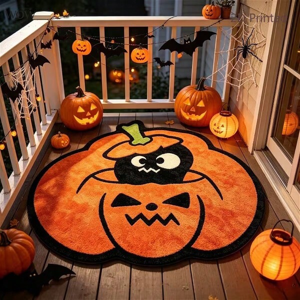 1PC Yellow Pumpkin & Black Ghost Halloween Asymmetrical Decorative Rug, Bedroom Decor, Small Rug, Carpet, Home Decor, Living Room Rug, Living Room Small Rug, Bedroom Rug, Living Room Home Decor, Outdoor Rug, Washable Rug