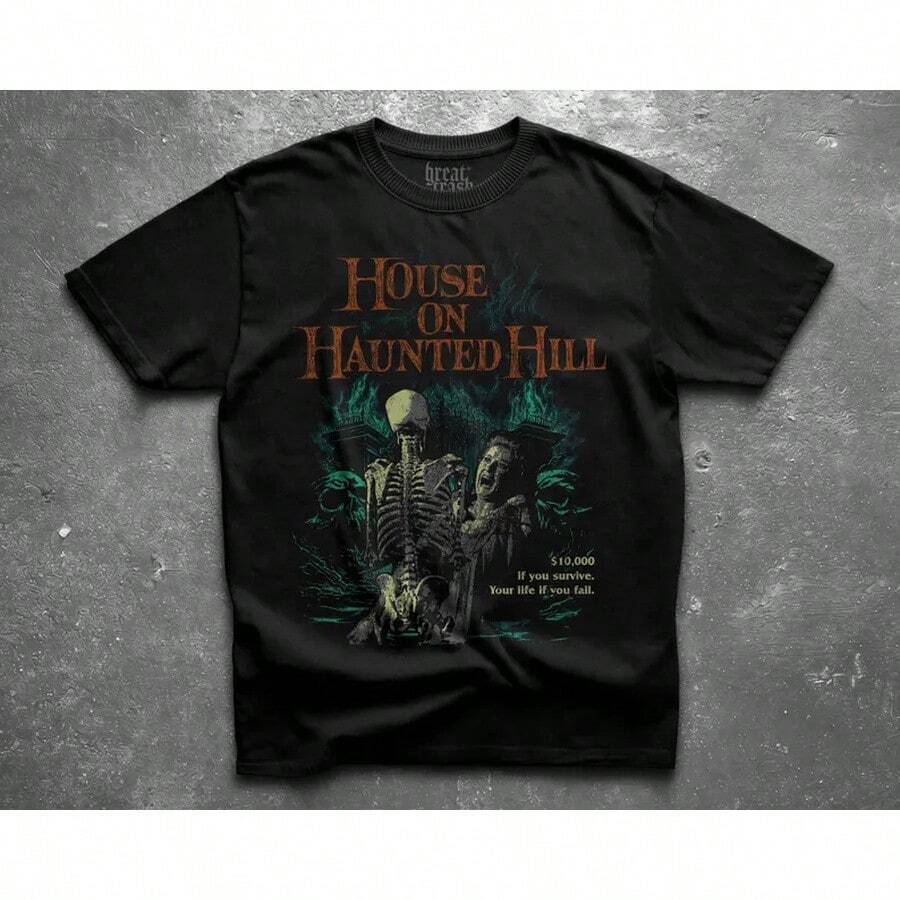Camiseta de House on Haunted Hill, Camiseta de Película de Terror Vintage, Camiseta Retro de Película de 1959, Camiseta Clásica con Gráfico de Esqueleto, Camiseta de Estética Gótica Grunge - Negro - Ver 1