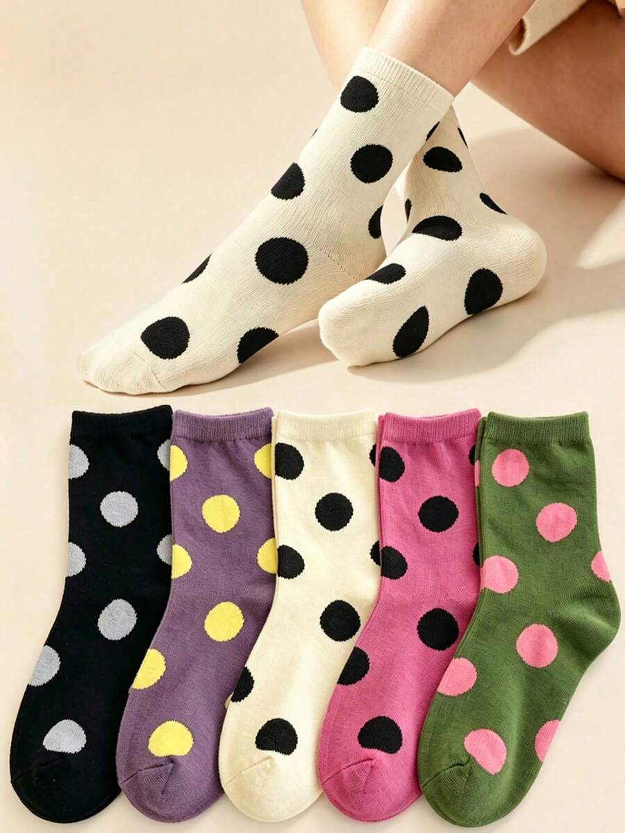 5 Pairs Women's Polka Dot Mid-Calf Socks, Versatile Daily Wear, Retro College Style Casual Socks, Suitable For Everyday Outfits - Multicolor - View 1