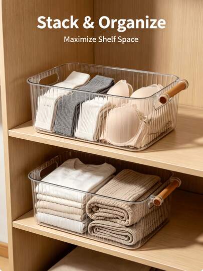 Storage Bin With Wooden Handle, Clear Thickened PET Stackable Fridge Organizer For Multi Scenes Kitchen Vanity Bathroom Wardrobe Desk Cabinet, 3 Sizes S/M/L Available.