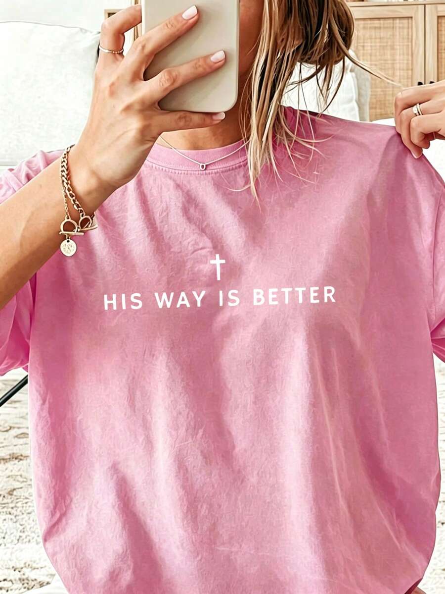Jesus Shirt His Way Is Better Comfortable Christian Merch Simple Christian Faith Gift Clothing Casual Fall Outfits For Women Travel Short Sleeve Tops - 粉紅色1 - 查看 1