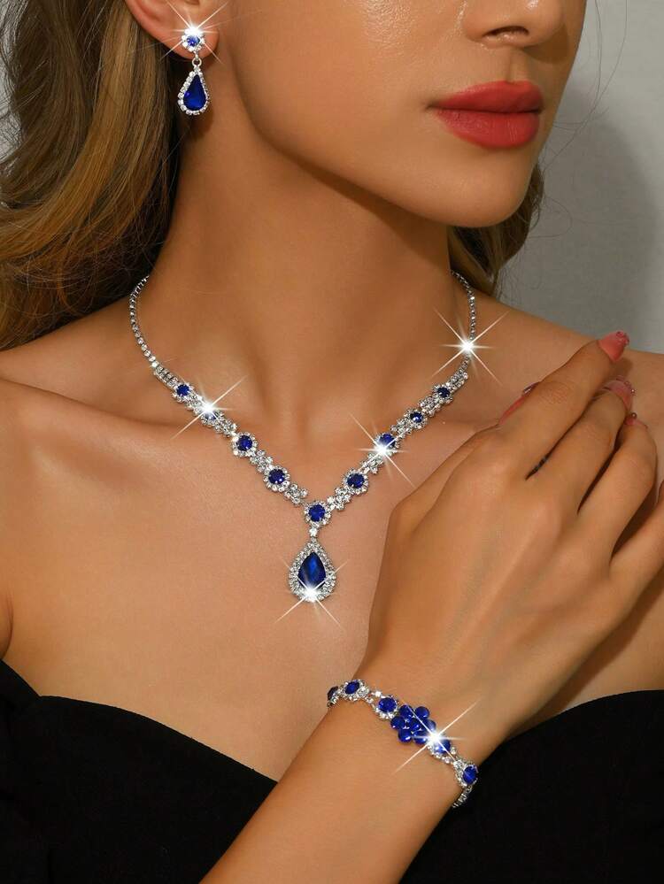 4pcs/3pcs/2pcs Set Women's Jewelry Set Royal Blue Teardrop Rhinestone Sparkling Bridal Jewelry For Banquet, Party, Birthday, Gift - Royal Blue - View 3