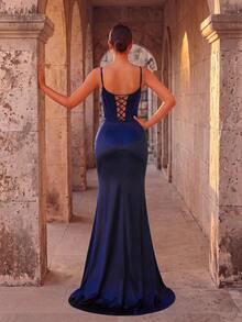 ADYCE Elegant V Neck Spaghetti Strap Waisted Backless Bodycon Sequin High-Slit Tie-Back Fishbone With A Train Prom Gown Homecoming Wedding Guest Formal - Navy Blue - View 2