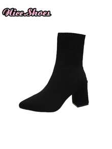 2026 New Elegant Fashion Chunky Heel Pointed Toe Boots, Elastic Slim Sock Boots, High Heel Ankle Boots For Spring, Autumn, Winter, All Seasons - Black - View 6