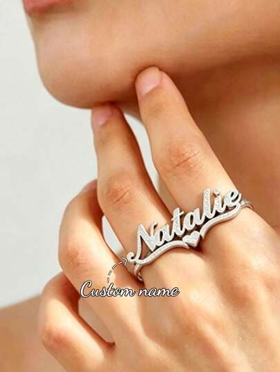 Custom Women's Double Ring Name Pendant Open Personalized Multi-Finger Shiny Gold Matte Stainless Steel Adjustable Heart Letter Couple Wedding Ring Jewelry Anniversary Valentine's Day Christmas Gift For Women