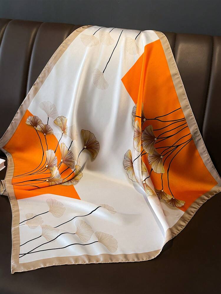 1pc Women's Small Satin Square Printed Scarf Handkerchief Headscarf Thin Neck Scarf Hair Band Shawl - Orange - View 1