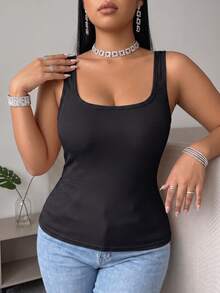 1pc Women's Plus Size Round Neck Wide Strap Tank Top, Soft Skin-Friendly Fabric, Built-In Padded Cups, Suitable For Casual Daily Wear - Black - View 4