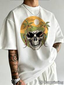 Men's Retro Tropical Sunset Skull Print Oversized Short Sleeve T-Shirt, Casual Hip Hop Street Style Loose Crew Neck Tees, Summer Fashion Comfortable C - White - View 3