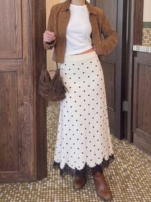 Women's Polka Dot Pattern Contrast Lace Elegant Knitted Midi Skirt - White - View 6