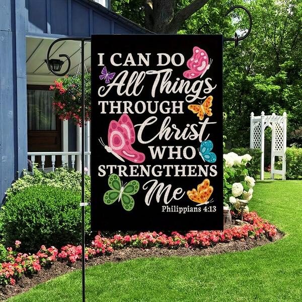 1 pieza Bandera de jardín de fe cristiana "Puedo hacer todas las cosas" Decoración del hogar, regalo para el jardín, bandera de fe de una sola cara de 12X18 pulgadas (solo bandera, sin asta), impresión de una sola cara