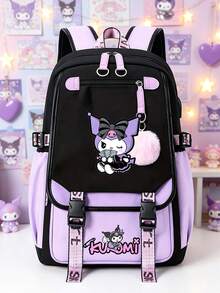 SANRIO Kawaii Kuromi Print Backpack, Contrast Color Large Capacity Multi-Pocket School Bag, Preppy Durable Daypack For Daily Commute Back To School Travel - Multicolor - View 1