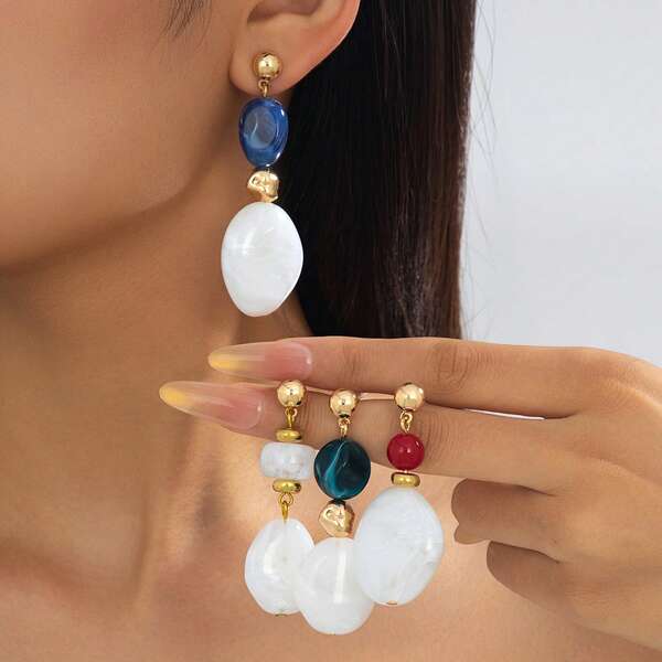 French Gentle Style Cream White Acrylic Round Bead Earrings, Minimalist Solid Color Dangle Earrings, Versatile Everyday Skin-Brightening Jewelry