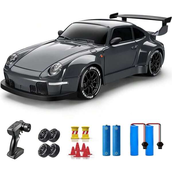 Voiture de dérive, voiture télécommandée 1:24 pour enfants, voitures RC haute vitesse 4WD 20KM/H avec lumières LED, deux batteries, pneus de dérive supplémentaires, véhicule pour adultes, garçons, filles, gris