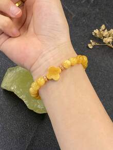 1pc Natural Yellow Jade Four-Leaf Clover Stretch Bracelet, Symbol Of Luck, Prosperity, Wealth, Bohemia Cross Fashion Jewelry Unisex Gift For Women Men - Yellow - View 3