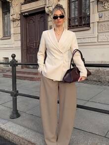 Women's Fashion Beige Woven Fabric Blazer, Front Button Design, With Pockets, Autumn/Spring New Minimalist Style Cinched Waist Apricot Blazer, Elegant OL Commute Slim Fit Flattering Blazer Jacket - Apricot - View 5