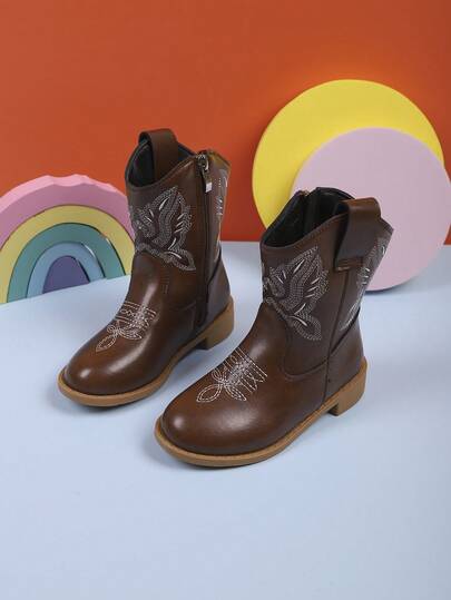 Autumn/Winter Children's Fashion Casual Outdoor Western Cowboy Boots, Embroidered Design Mid-Calf Vintage Boots